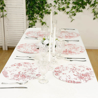 10-Pack Disposable Table Placemats in French Toile Print 13’’ in Matte White/Red - Chic Floral Cardboard Placemats