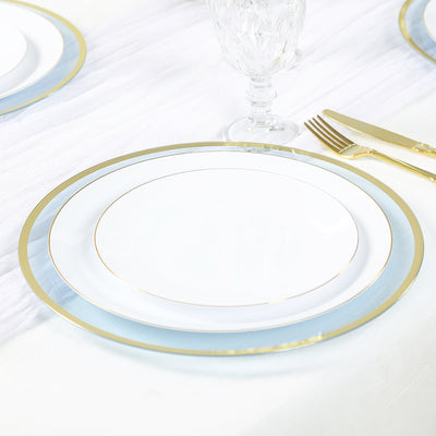 10-Pack Economy Plastic Round Charger Plates 12’’ in Transparent Dusty Blue with Wide Gold Rim Decorative Dinner Party