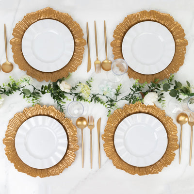 10 Pack Economy Reef Plastic Charger Plates – 13’’ Gold Dinner Plate Chargers for Weddings Parties & Catering