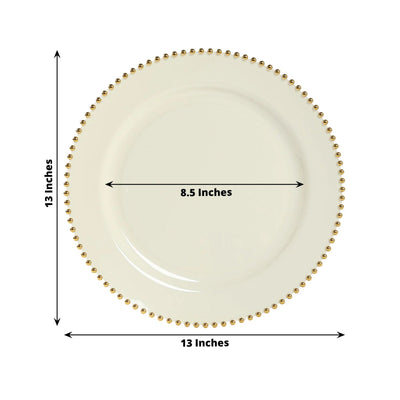 10-Pack Economy Round Plastic Charger Plates 13’’ in Ivory with Gold Beaded Rim Stylish Dinner Party Serving Plates