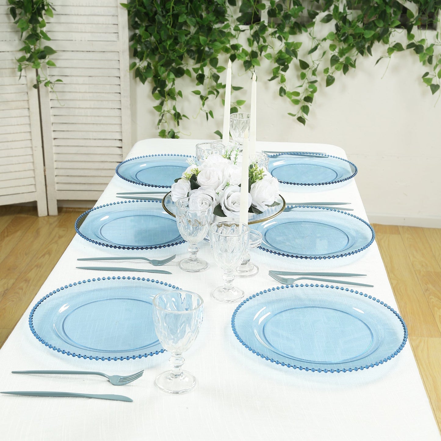 10-Pack Economy Round Plastic Charger Plates 13’’ in Transparent Dusty Blue with Beaded Rim Stylish Dinner Party