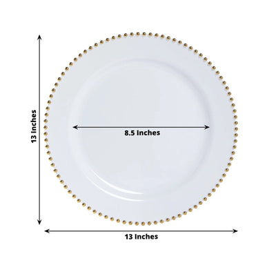 10-Pack Economy Round Plastic Charger Plates 13’’ in White with Gold Beaded Rim Stylish Dinner Party Serving Plates