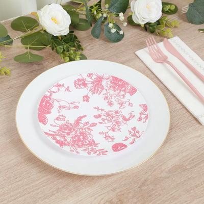 10-Pack French Toile Plastic Salad Plates – Pink & White Floral 7’’ Round Disposable Dessert Plates - Plates