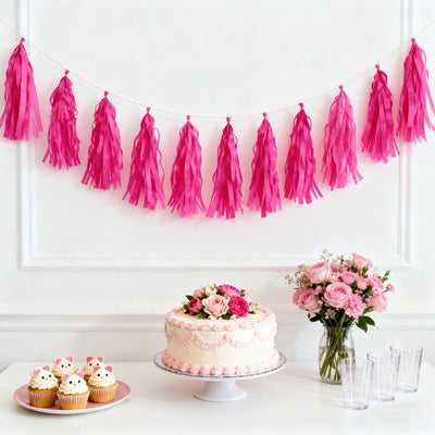 10 Pack Pink Tissue Paper Tassel Garland – Pre-Tied 12’’ Hanging Fringe Streamers with 10ft String for Party &