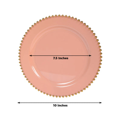 10-Pack Plastic 10’’ Round Dinner Plates in Dusty Rose with Gold Beaded Rim - Disposable Party Plates for Banquets &