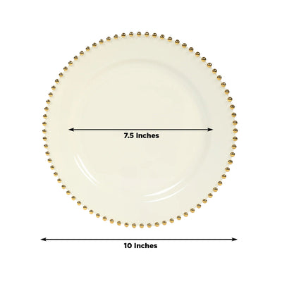 10-Pack Plastic 10’’ Round Dinner Plates in Ivory with Gold Beaded Rim - Disposable Party Plates for Banquets & Festive