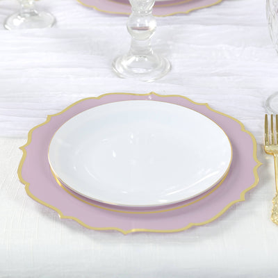 10-Pack Plastic 10’’ Round Dinner Plates in Lavender Lilac with Gold Scalloped Rim - Disposable Party Plates - Plates