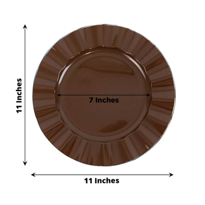 10-Pack Plastic 11’’ Round Dinner Plates in Cinnamon Brown Ruffled Rim with Gold Edging - Sturdy Disposable Dinnerware