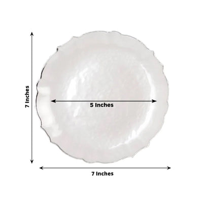10-Pack Plastic 7’’ Round Dessert Appetizer Plates in Pearl White Sunflower with Silver Scalloped Rim - Disposable