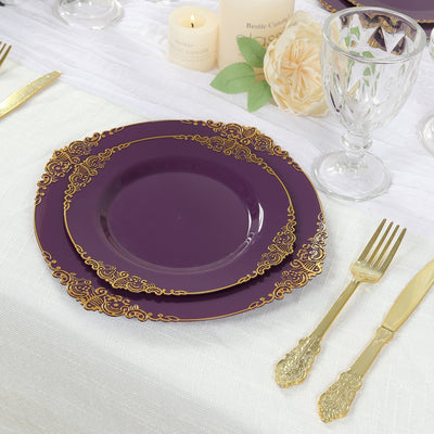 10-Pack Plastic 8’’ Round Dessert Plates in Purple with Gold Leaf Embossed Rim - Disposable Vintage Baroque Style Salad