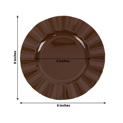 10-Pack Plastic 9’’ Round Dinner Plates in Cinnamon Brown Ruffled Rim with Gold Edging - Sturdy Disposable Dinnerware