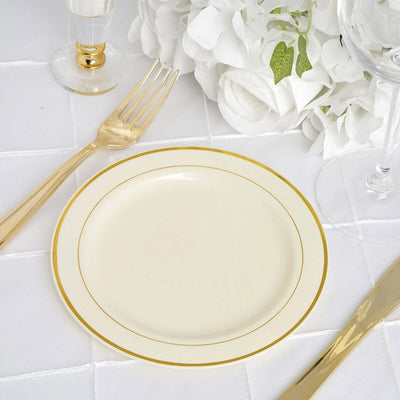 10-Pack Plastic Dessert Plates Ivory with Très Chic Gold Rim - Disposable Appetizer Plates for Parties 6’’ - Plates