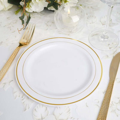 10-Pack Plastic Dessert Plates White with Très Chic Gold Rim - Disposable Plates for Parties 8’’ - Plates