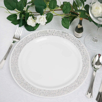10-Pack Plastic Dinner Plates White with Fancy Silver Lace Rim - Stylish Disposable Plates for Events 10’’ - Plates