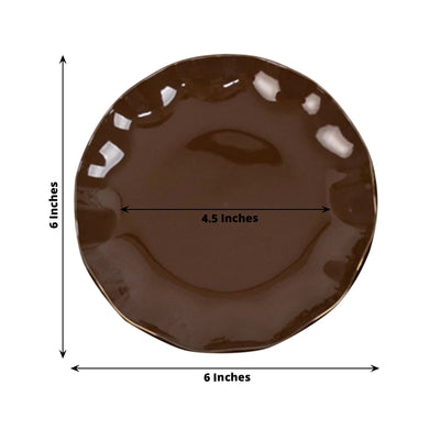 10-Pack Plastic Round 6’’ Dessert Plates in Cinnamon Brown Ruffled Rim with Gold Edging - Sturdy Disposable Salad