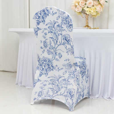 10 Pack Spandex Chair Covers for Banquet Chairs – White Blue French Toile Reusable Stretch Slip-On Floral Covers