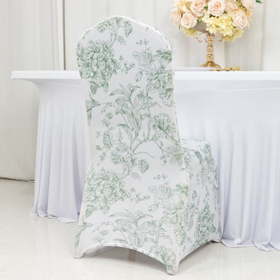 10 Pack Spandex Chair Covers for Banquet Chairs – White Dusty Sage Green French Toile Reusable Stretch Slip-On Floral