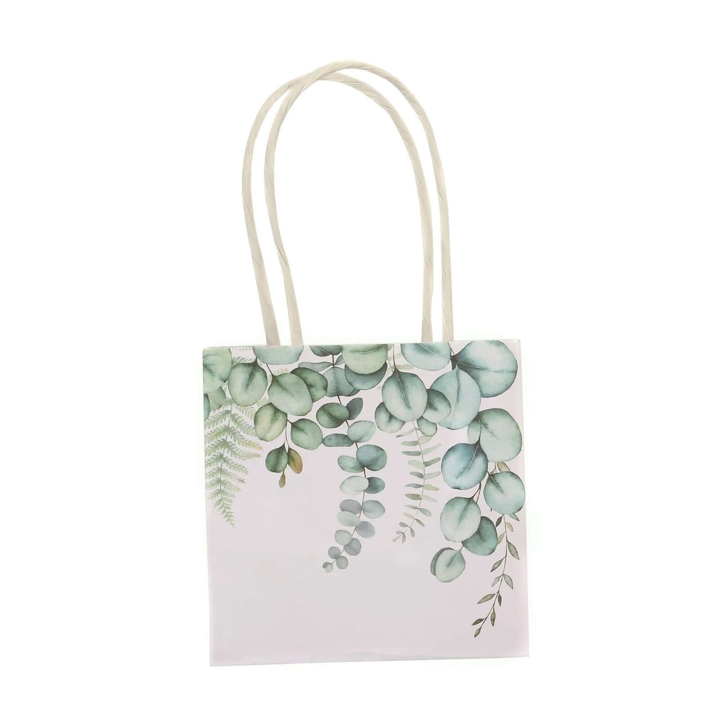 12 Pack White Green Eucalyptus Leaves Paper Party Favor Bags With Handles, Small Gift Goodie Bags - 4"x4"