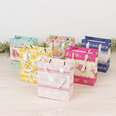 12-Pack Favor Bags Mixed Vintage Floral Tea Party – Paper Gift Bags with Ribbon Handles - Elegant Goodie Bags