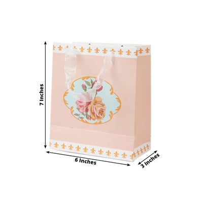12-Pack Favor Bags Vintage Rose Floral Tea Party Dusty Rose Paper Goodie Gift Bags with Ribbon Handles 6’’x7’’x3’’