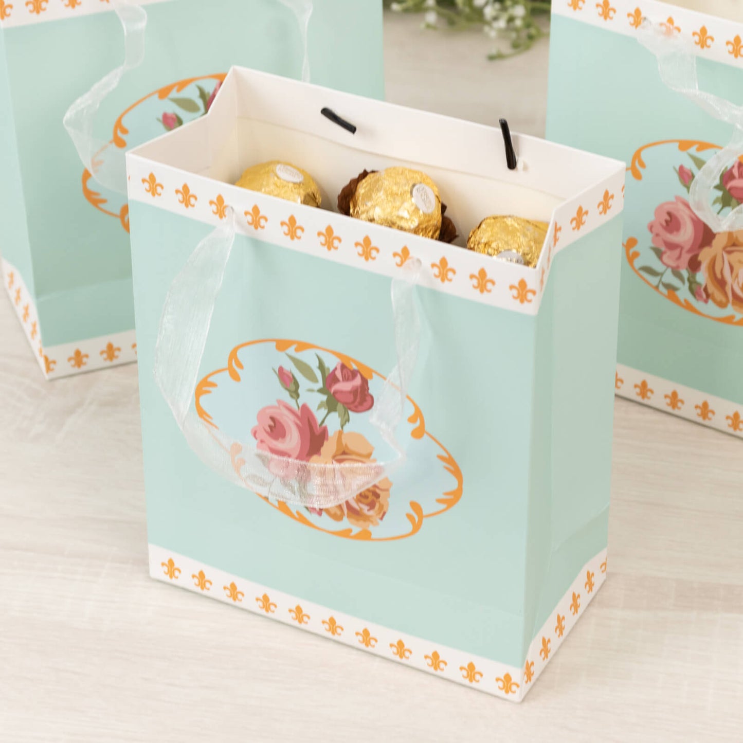 12-Pack Favor Bags Vintage Rose Floral Tea Party Turquoise Paper Goodie Gift Bags with Ribbon Handles 6’’x7’’x3’’