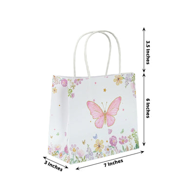 12 Pack Pink Glitter Butterfly Paper Favor Bags with Handles Floral Print White Goodie Gift Bags - 6’’x7’’ - Favor Bags
