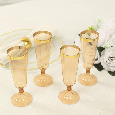 12-Pack Plastic Champagne Flutes Transparent Amber Gold with Gold Rim - Stylish Disposable Cocktail Glasses for Parties