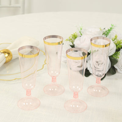 12-Pack Plastic Champagne Flutes Transparent Blush with Gold Rim - Stylish Disposable Cocktail Glasses for Parties 5oz