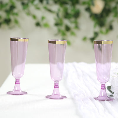 12-Pack Plastic Champagne Flutes Transparent Purple with Gold Rim - Stylish Disposable Cocktail Glasses for Parties 5oz
