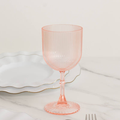 12-Pack Plastic Goblets Transparent Blush Vintage Ribbed Pattern - Reusable Shatterproof Glassware 9oz - Disposables
