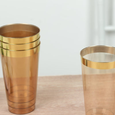 12-Pack Plastic Party Cups Transparent Amber Gold with Gold Rim - Durable Disposable Tumblers for Drinks 17oz 5.5’’