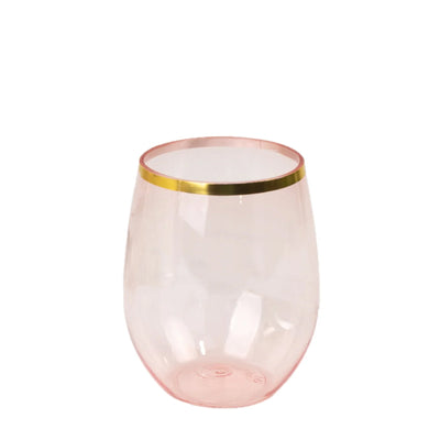 12-Pack Plastic Wine Tumblers Transparent Blush with Gold Rim - Reusable Drinkware 12oz - Drinkware