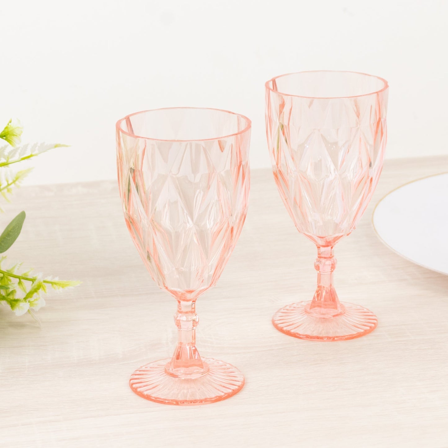 12 Pack Vintage Diamond Cut Plastic Goblets – Blush 11oz Reusable Wine & Beverage Glasses - Drinkware