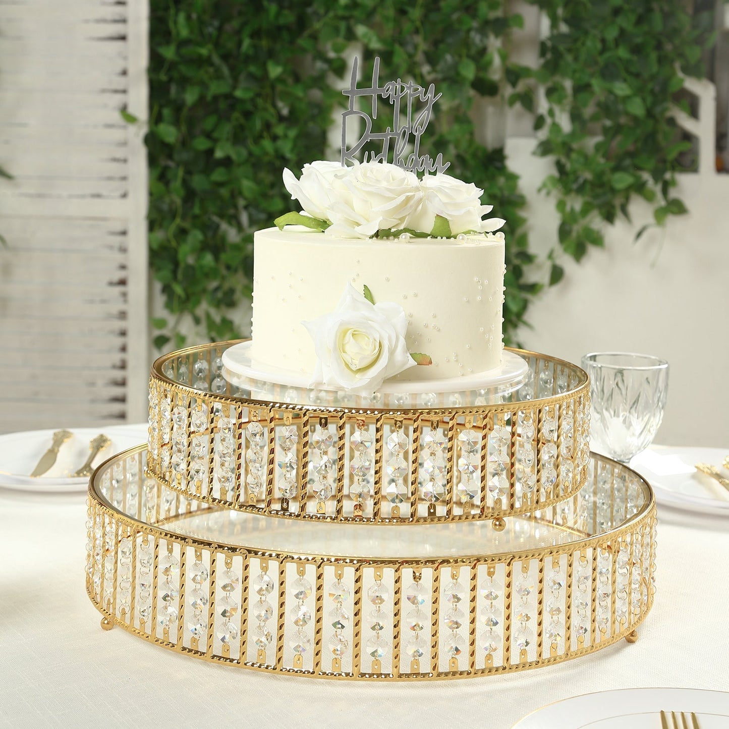 14’’ Round Gold Cake Stand with Hanging Crystal Beads and Glass Top – Metal Dessert Display Tray - Cake Stands
