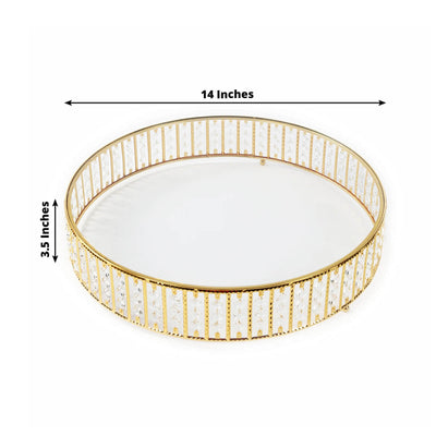 14’’ Round Gold Cake Stand with Hanging Crystal Beads and Glass Top – Metal Dessert Display Tray - Cake Stands