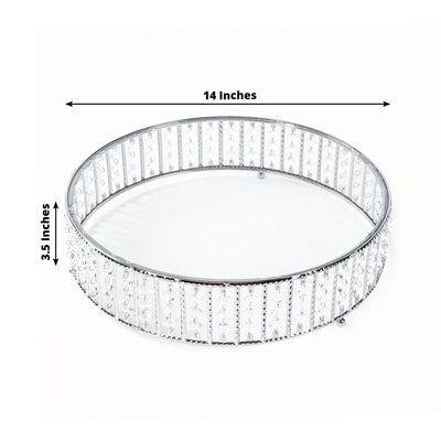 14’’ Round Silver Cake Stand with Hanging Crystal Beads and Glass Top – Metal Dessert Display Tray - Cake Stands
