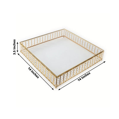 14’’ Square Gold Cake Stand with Hanging Crystal Beads and Glass Top – Metal Dessert Display Tray - Cake Stands