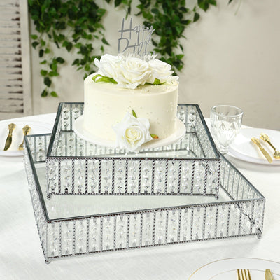 14’’ Square Silver Cake Stand with Hanging Crystal Beads and Glass Top – Metal Dessert Display Tray - Cake Stands