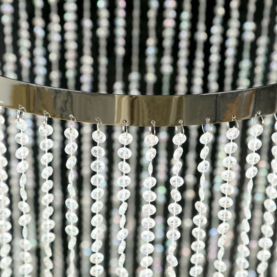 14ft Hanging Beaded Crystal Column Chandelier Tall Beads Curtain Round with Silver Metal Hoop and Hanging Chain
