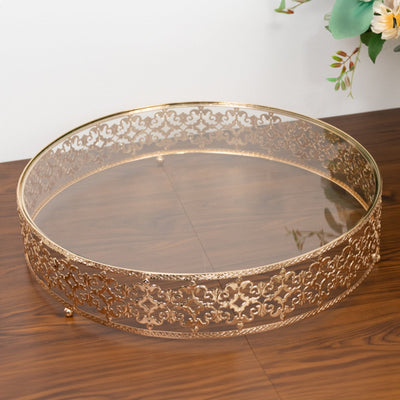18’’ Gold Metal Cake Stand with Glass Top Baroque Ornate Style Round Dessert Display Tray - Cake Stands