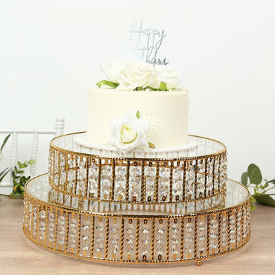 18’’ Round Gold Cake Stand with Hanging Crystal Beads and Glass Top – Metal Dessert Display Tray - Cake Stands