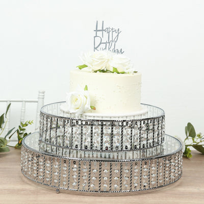 18’’ Round Silver Cake Stand with Hanging Crystal Beads and Glass Top – Metal Dessert Display Tray - Cake Stands