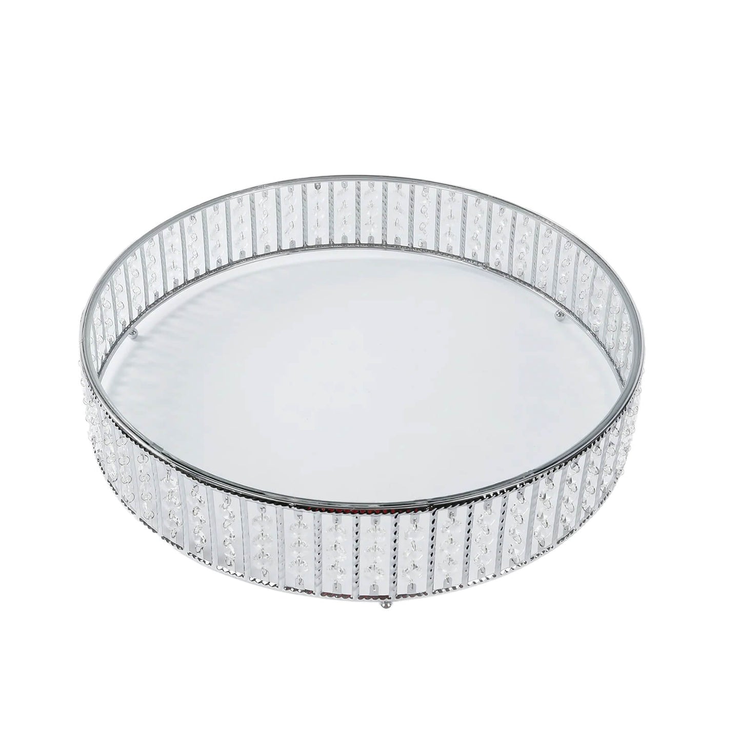 18’’ Round Silver Cake Stand with Hanging Crystal Beads and Glass Top – Metal Dessert Display Tray - Cake Stands
