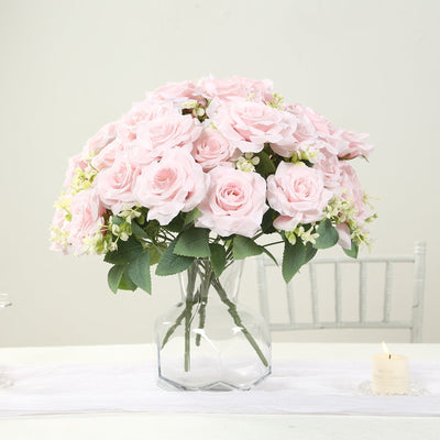 2 Bushes 18’’ Real Touch Artificial Rose Flower Bouquet Light Blush Silk Long Stem Flower Arrangements - Silk Flowers