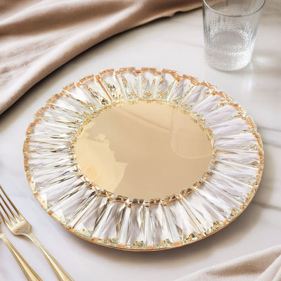2 Pack 14’’ Crystal Pendant Metal Charger Plates – Gold Mirror Glass Decorative Round Table Chargers - Decorative