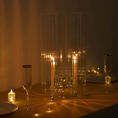 2-Pack Clear Ribbed Glass Hurricane Shades Open End Design - Stylish Candelabra Pillar Candle Holder Table Centerpiece