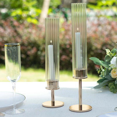 2-Pack Clear Ribbed Glass Hurricane Shades Open End Design - Stylish Candelabra Pillar Candle Holder Table Centerpiece