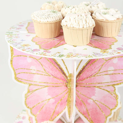 2-Pack Foam Board Cake Stands White/Pink Glitter Butterfly with Floral Print -for Garden Party Birthday & Event Decor
