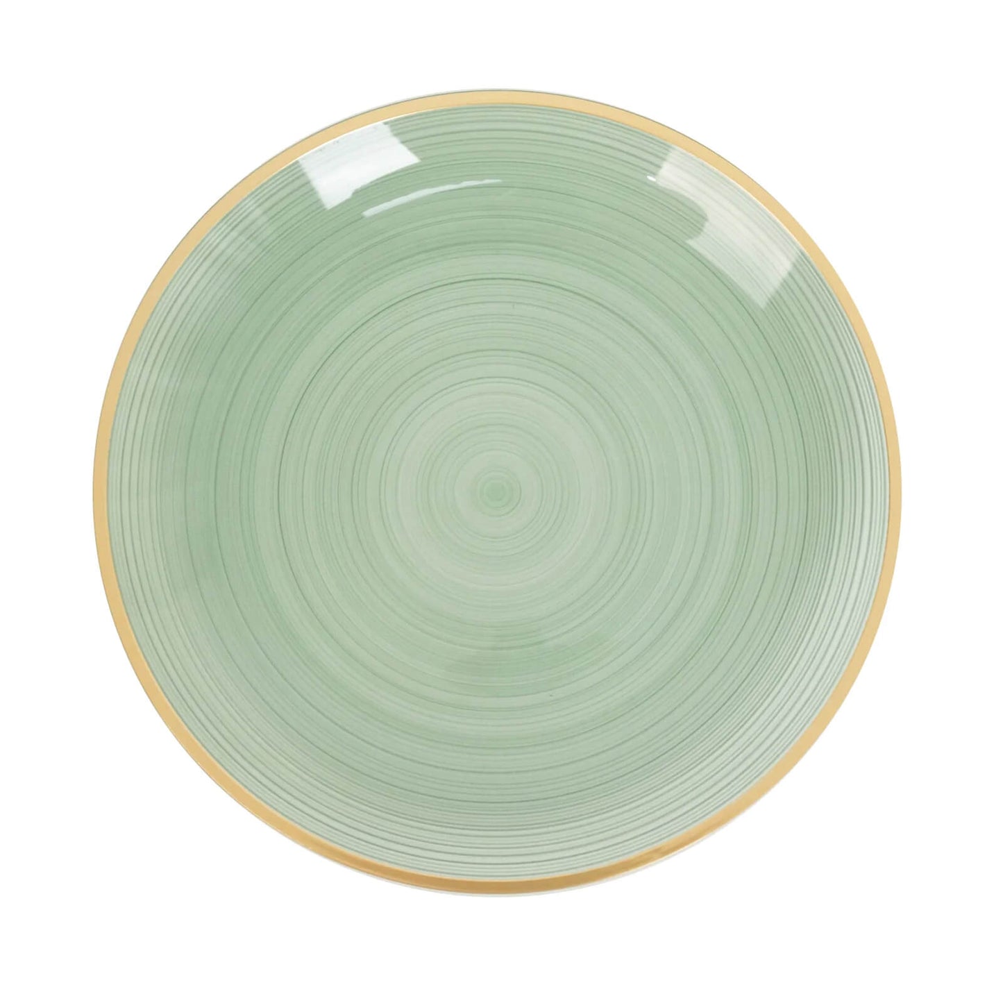 20-Pack 10’’ Plastic Dinner Plates Round Transparent Dusty Sage Green Swirl with Gold Rim – Crystal-Like Elegant