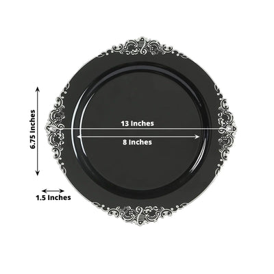 20-Pack Economy Plastic Round Charger Plates 13’’ in Black with Silver Embossed Baroque Rim Stylish Dinner Party
